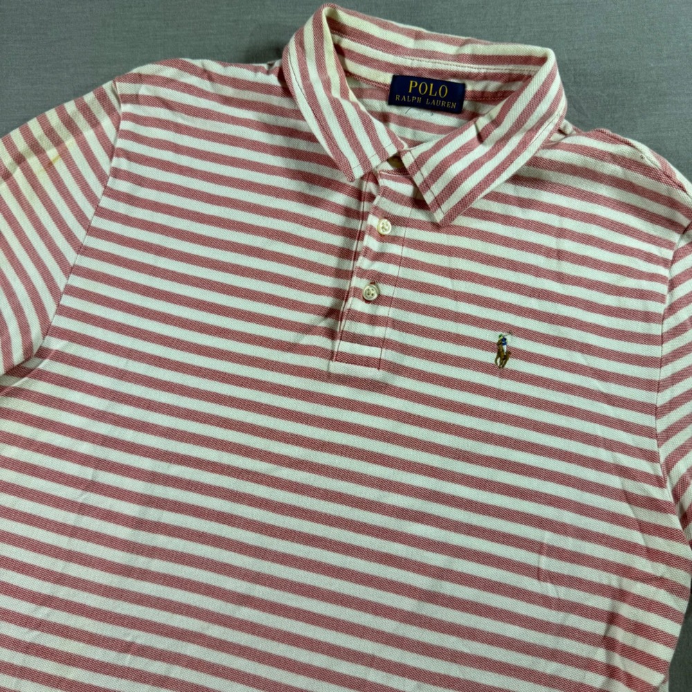 Polo Ralph Lauren Polo Shirt Mens L Red White Good Striped Short Sleeve‎ Pony